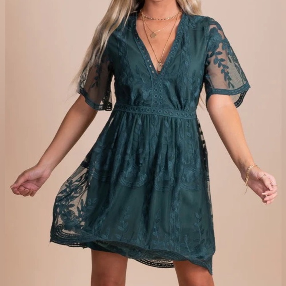 Light My Fire Dark Teal Lace Mini Dress - Large